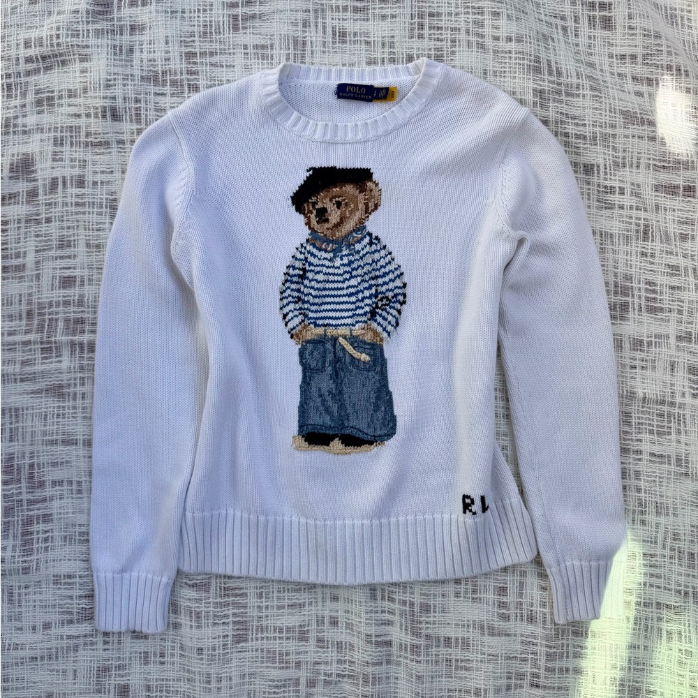Polo Ralph Lauren Polo Bear Sweater White Cotton Knit Pullover Iconic Bear